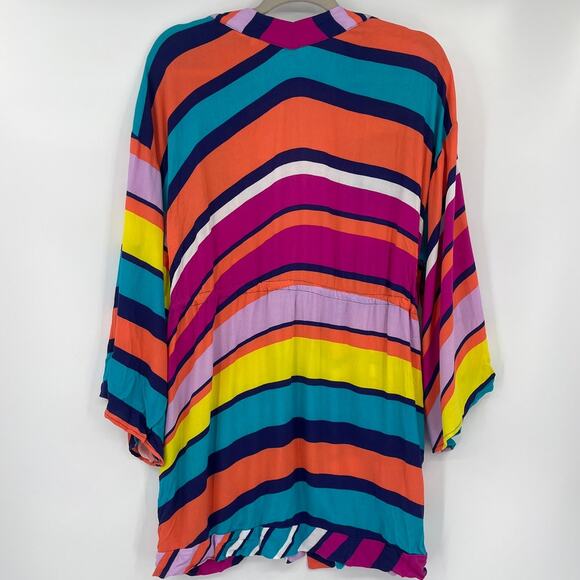 Trina Turk Catch A Wave Tie Front Kimono Swim Cover Up Robe Sz M Rainbow Resort - Picture 6 of 8